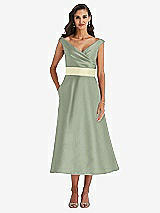 Front View Thumbnail - Sage & Butter Yellow Off-the-Shoulder Draped Wrap Satin Midi Dress with Pockets