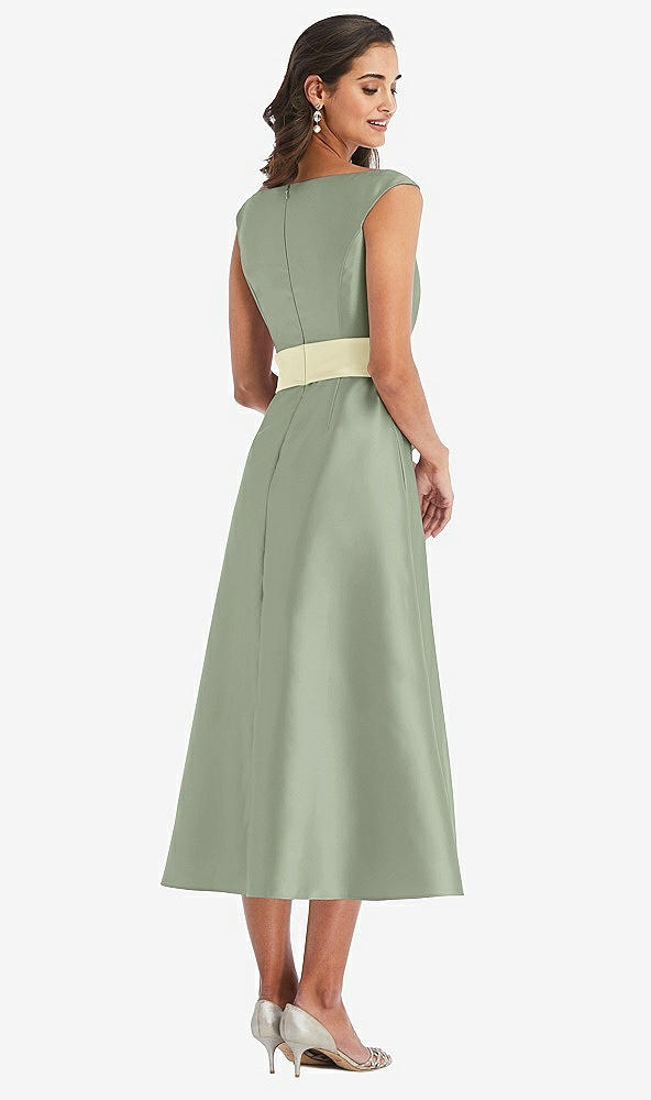 Back View - Sage & Butter Yellow Off-the-Shoulder Draped Wrap Satin Midi Dress with Pockets