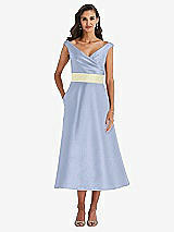 Front View Thumbnail - Sky Blue & Butter Yellow Off-the-Shoulder Draped Wrap Satin Midi Dress with Pockets