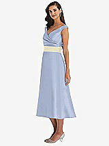 Side View Thumbnail - Sky Blue & Butter Yellow Off-the-Shoulder Draped Wrap Satin Midi Dress with Pockets