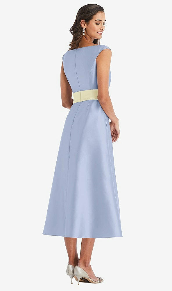 Back View - Sky Blue & Butter Yellow Off-the-Shoulder Draped Wrap Satin Midi Dress with Pockets