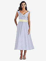 Front View Thumbnail - Silver Dove & Butter Yellow Off-the-Shoulder Draped Wrap Satin Midi Dress with Pockets