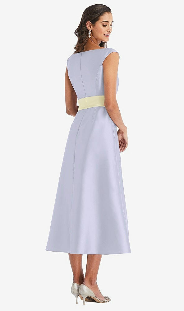 Back View - Silver Dove & Butter Yellow Off-the-Shoulder Draped Wrap Satin Midi Dress with Pockets
