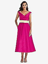 Front View Thumbnail - Think Pink & Butter Yellow Off-the-Shoulder Draped Wrap Satin Midi Dress with Pockets