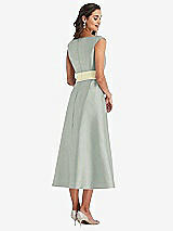 Rear View Thumbnail - Willow Green & Butter Yellow Off-the-Shoulder Draped Wrap Satin Midi Dress with Pockets
