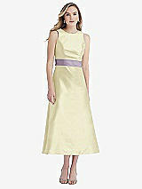 Front View Thumbnail - Butter Yellow & Lilac Haze High-Neck Asymmetrical Shirred Satin Midi Dress with Pockets