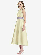 Side View Thumbnail - Butter Yellow & Lilac Haze High-Neck Asymmetrical Shirred Satin Midi Dress with Pockets