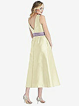 Rear View Thumbnail - Butter Yellow & Lilac Haze High-Neck Asymmetrical Shirred Satin Midi Dress with Pockets