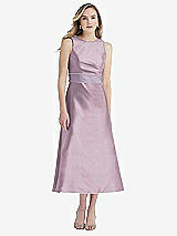 Front View Thumbnail - Suede Rose & Lilac Haze High-Neck Asymmetrical Shirred Satin Midi Dress with Pockets