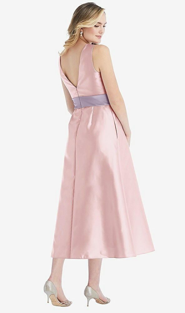 Back View - Ballet Pink & Lilac Haze High-Neck Asymmetrical Shirred Satin Midi Dress with Pockets