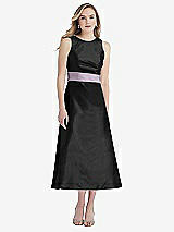 Front View Thumbnail - Black & Lilac Haze High-Neck Asymmetrical Shirred Satin Midi Dress with Pockets