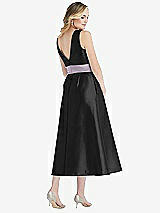 Rear View Thumbnail - Black & Lilac Haze High-Neck Asymmetrical Shirred Satin Midi Dress with Pockets
