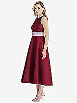 Side View Thumbnail - Burgundy & Lilac Haze High-Neck Asymmetrical Shirred Satin Midi Dress with Pockets
