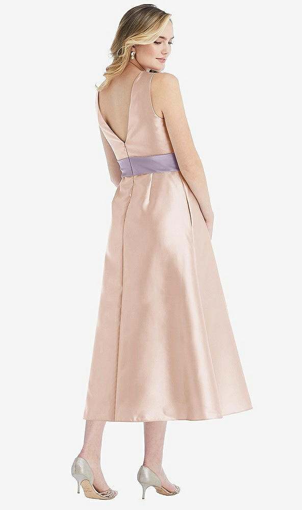 Back View - Cameo & Lilac Haze High-Neck Asymmetrical Shirred Satin Midi Dress with Pockets