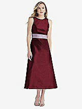 Front View Thumbnail - Cabernet & Lilac Haze High-Neck Asymmetrical Shirred Satin Midi Dress with Pockets