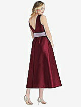 Rear View Thumbnail - Cabernet & Lilac Haze High-Neck Asymmetrical Shirred Satin Midi Dress with Pockets