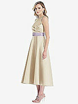 Side View Thumbnail - Champagne & Lilac Haze High-Neck Asymmetrical Shirred Satin Midi Dress with Pockets