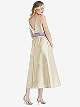 Rear View Thumbnail - Champagne & Lilac Haze High-Neck Asymmetrical Shirred Satin Midi Dress with Pockets