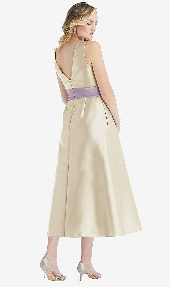 Back View - Champagne & Lilac Haze High-Neck Asymmetrical Shirred Satin Midi Dress with Pockets