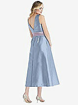 Rear View Thumbnail - Cloudy & Lilac Haze High-Neck Asymmetrical Shirred Satin Midi Dress with Pockets