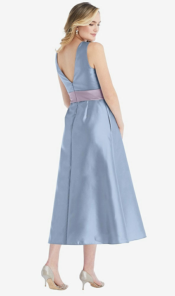Back View - Cloudy & Lilac Haze High-Neck Asymmetrical Shirred Satin Midi Dress with Pockets