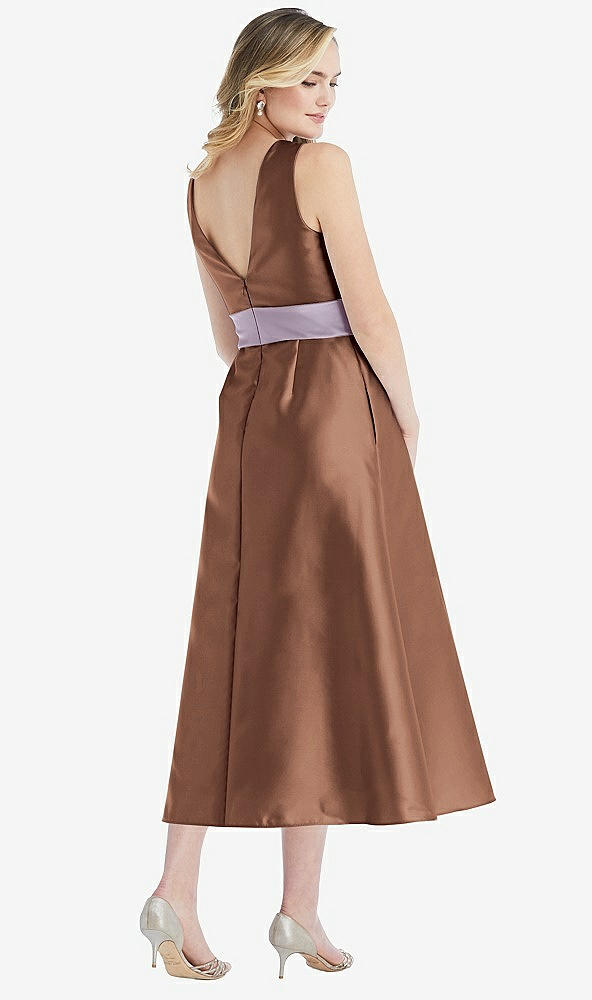 Back View - Cognac & Lilac Haze High-Neck Asymmetrical Shirred Satin Midi Dress with Pockets