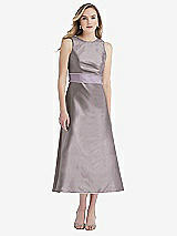 Front View Thumbnail - Cashmere Gray & Lilac Haze High-Neck Asymmetrical Shirred Satin Midi Dress with Pockets