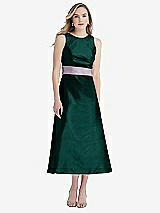 Front View Thumbnail - Evergreen & Lilac Haze High-Neck Asymmetrical Shirred Satin Midi Dress with Pockets