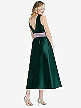 Rear View Thumbnail - Evergreen & Lilac Haze High-Neck Asymmetrical Shirred Satin Midi Dress with Pockets