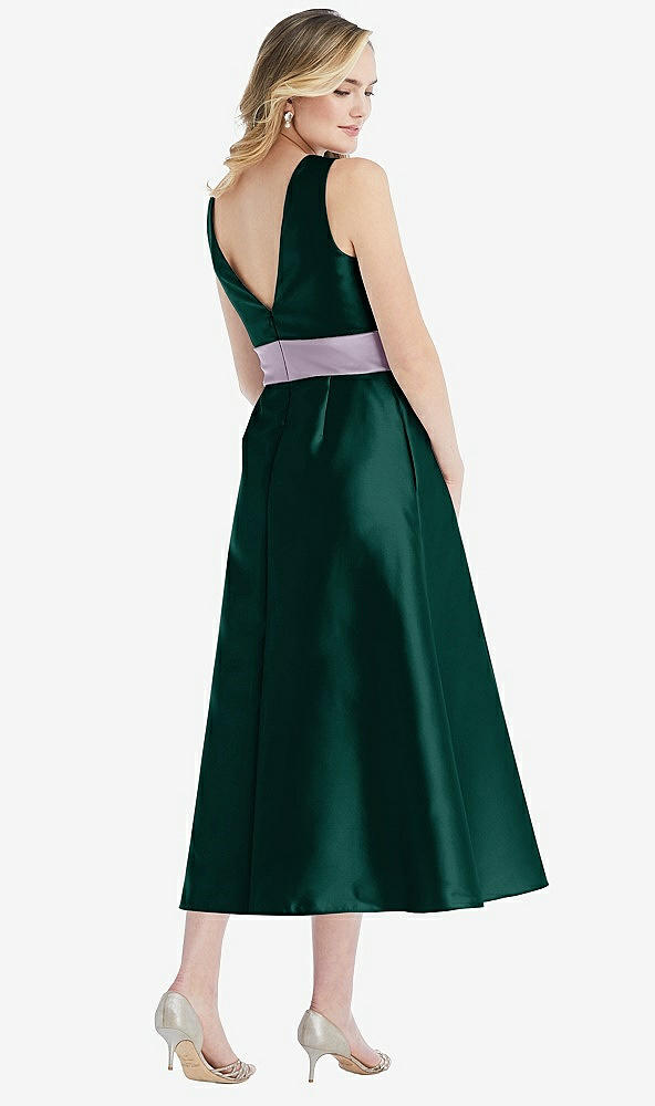 Back View - Evergreen & Lilac Haze High-Neck Asymmetrical Shirred Satin Midi Dress with Pockets