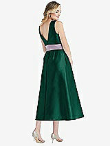Rear View Thumbnail - Hunter Green & Lilac Haze High-Neck Asymmetrical Shirred Satin Midi Dress with Pockets