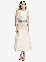 Front View Thumbnail - Ivory & Lilac Haze High-Neck Asymmetrical Shirred Satin Midi Dress with Pockets