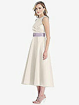 Side View Thumbnail - Ivory & Lilac Haze High-Neck Asymmetrical Shirred Satin Midi Dress with Pockets