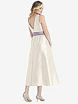 Rear View Thumbnail - Ivory & Lilac Haze High-Neck Asymmetrical Shirred Satin Midi Dress with Pockets