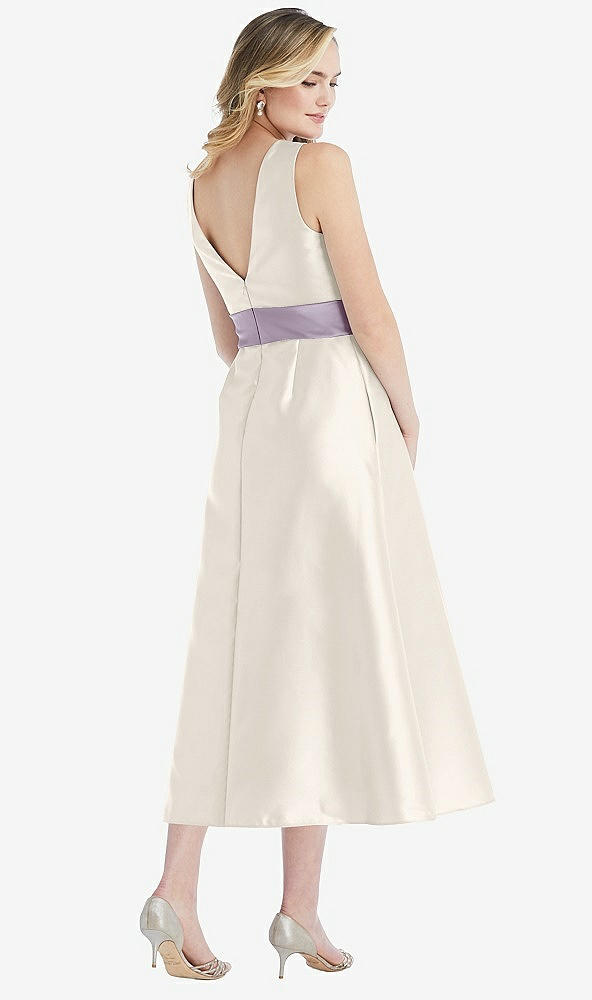 Back View - Ivory & Lilac Haze High-Neck Asymmetrical Shirred Satin Midi Dress with Pockets