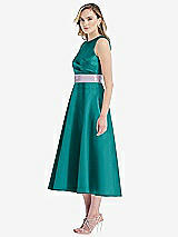 Side View Thumbnail - Jade & Lilac Haze High-Neck Asymmetrical Shirred Satin Midi Dress with Pockets