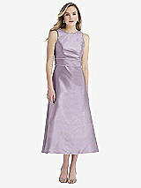 Front View Thumbnail - Lilac Haze & Lilac Haze High-Neck Asymmetrical Shirred Satin Midi Dress with Pockets