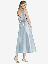 Rear View Thumbnail - Mist & Lilac Haze High-Neck Asymmetrical Shirred Satin Midi Dress with Pockets
