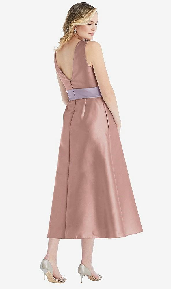Back View - Neu Nude & Lilac Haze High-Neck Asymmetrical Shirred Satin Midi Dress with Pockets