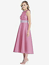 Side View Thumbnail - Powder Pink & Lilac Haze High-Neck Asymmetrical Shirred Satin Midi Dress with Pockets