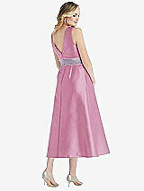 Rear View Thumbnail - Powder Pink & Lilac Haze High-Neck Asymmetrical Shirred Satin Midi Dress with Pockets