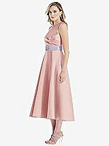 Side View Thumbnail - Rose & Lilac Haze High-Neck Asymmetrical Shirred Satin Midi Dress with Pockets