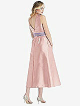 Rear View Thumbnail - Rose & Lilac Haze High-Neck Asymmetrical Shirred Satin Midi Dress with Pockets