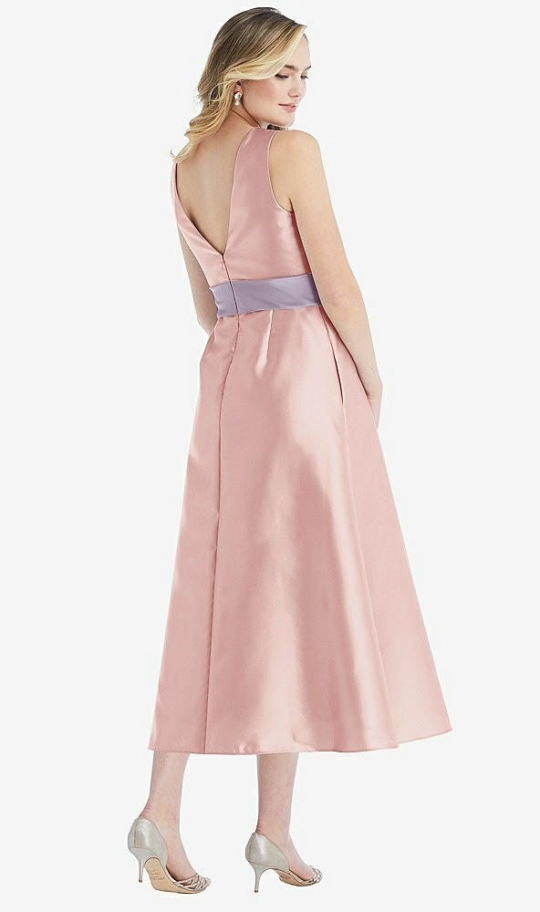 Back View - Rose & Lilac Haze High-Neck Asymmetrical Shirred Satin Midi Dress with Pockets