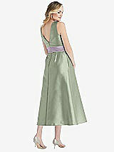 Rear View Thumbnail - Sage & Lilac Haze High-Neck Asymmetrical Shirred Satin Midi Dress with Pockets
