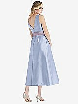 Rear View Thumbnail - Sky Blue & Lilac Haze High-Neck Asymmetrical Shirred Satin Midi Dress with Pockets