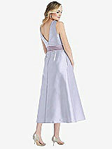 Rear View Thumbnail - Silver Dove & Lilac Haze High-Neck Asymmetrical Shirred Satin Midi Dress with Pockets