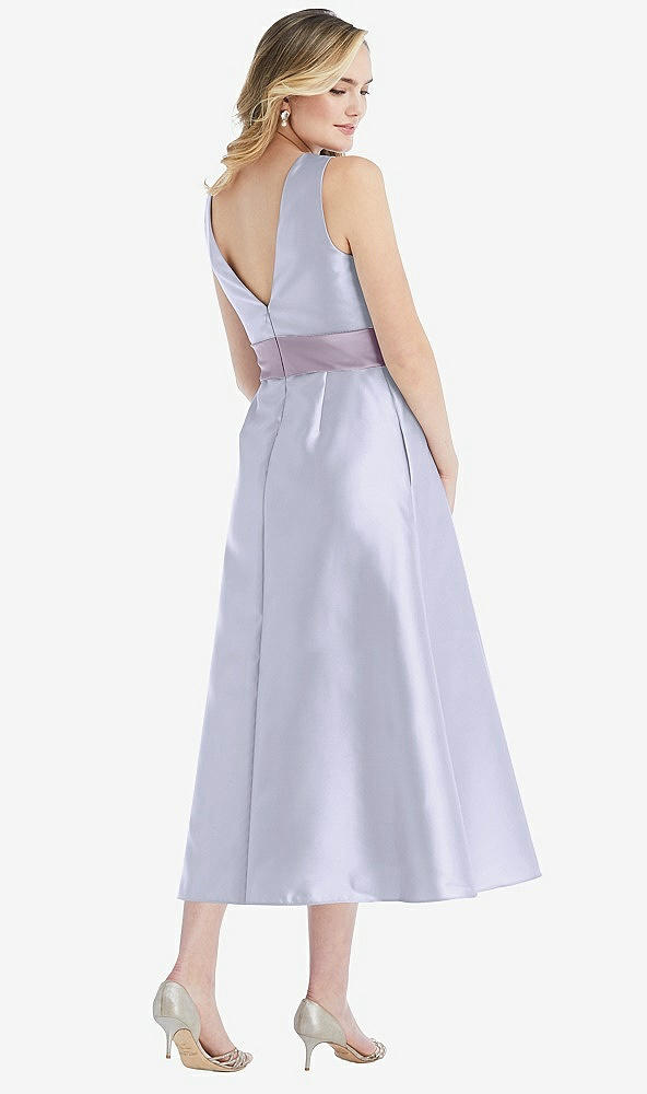 Back View - Silver Dove & Lilac Haze High-Neck Asymmetrical Shirred Satin Midi Dress with Pockets