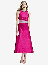 Front View Thumbnail - Think Pink & Lilac Haze High-Neck Asymmetrical Shirred Satin Midi Dress with Pockets