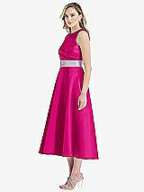 Side View Thumbnail - Think Pink & Lilac Haze High-Neck Asymmetrical Shirred Satin Midi Dress with Pockets